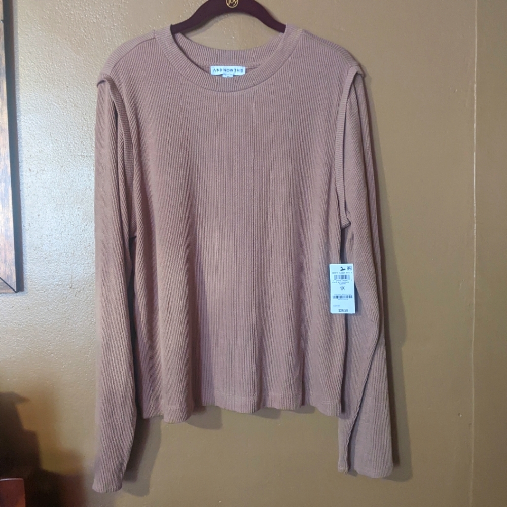 Ribbed lightweight Long Sleeve Tan/Almond Top Women's 1x